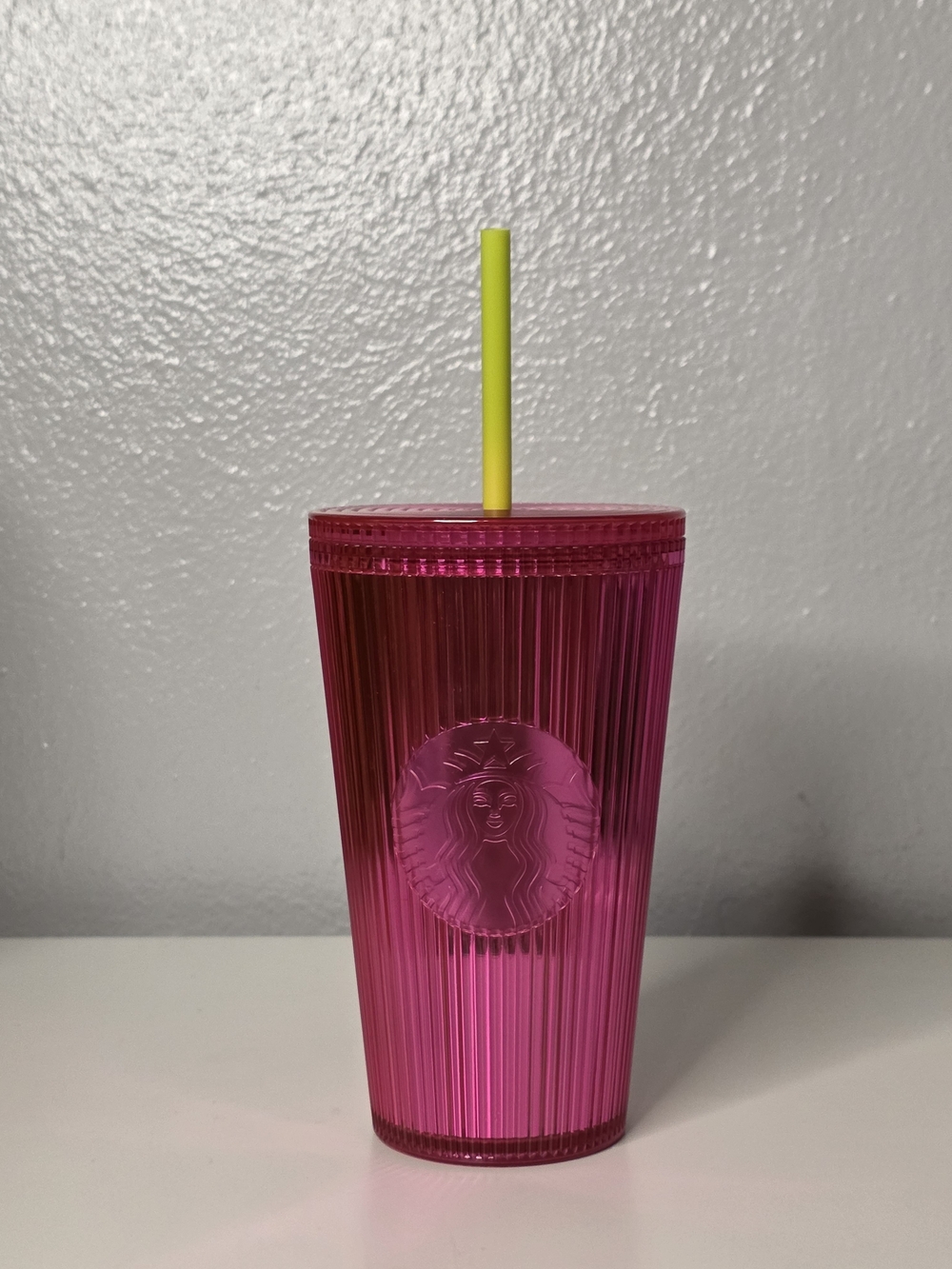 Starbucks Pink Ribbed Tumbler with Yellow Straw